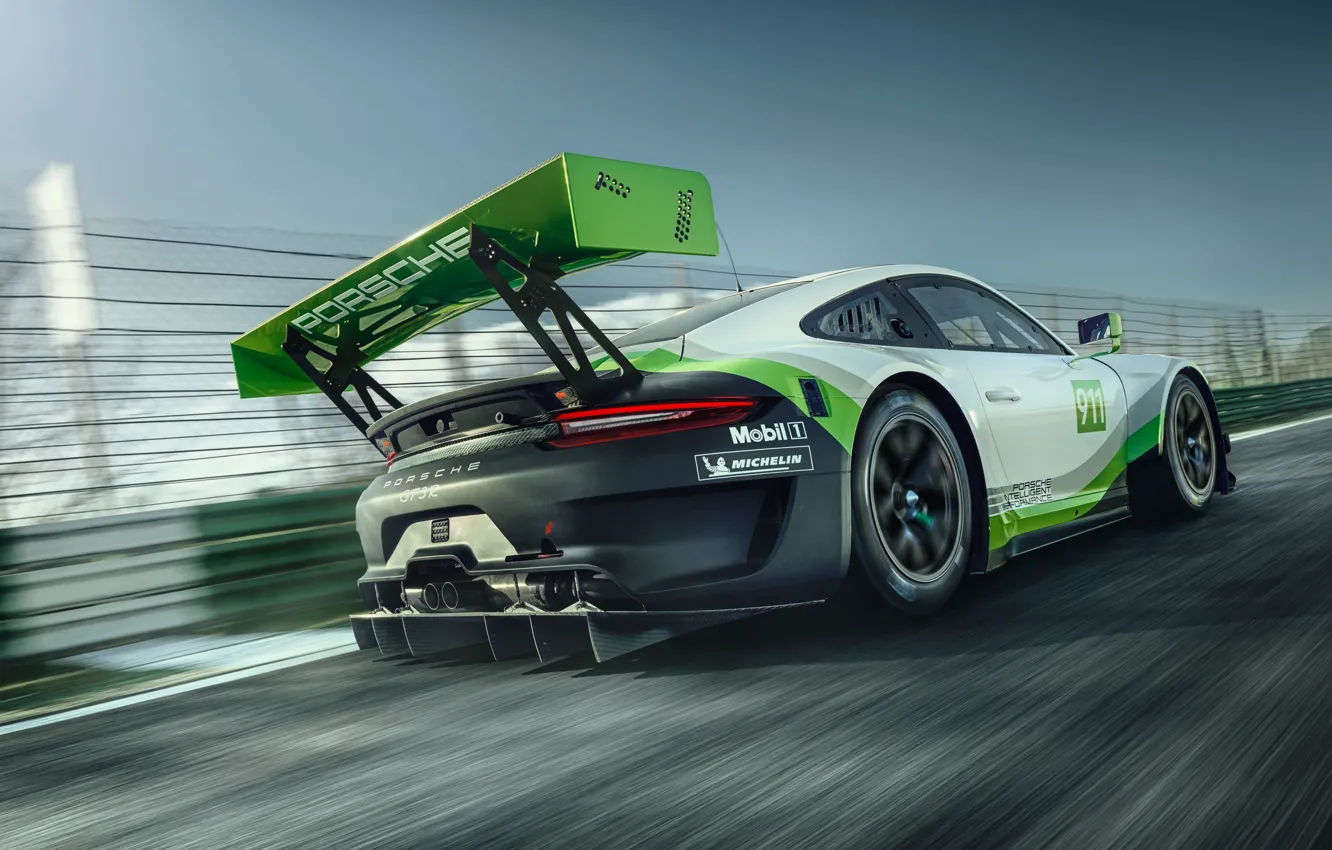 Фото обои скорость, 911, Porsche, гоночное авто, вид сзади, GT3 R, 2019