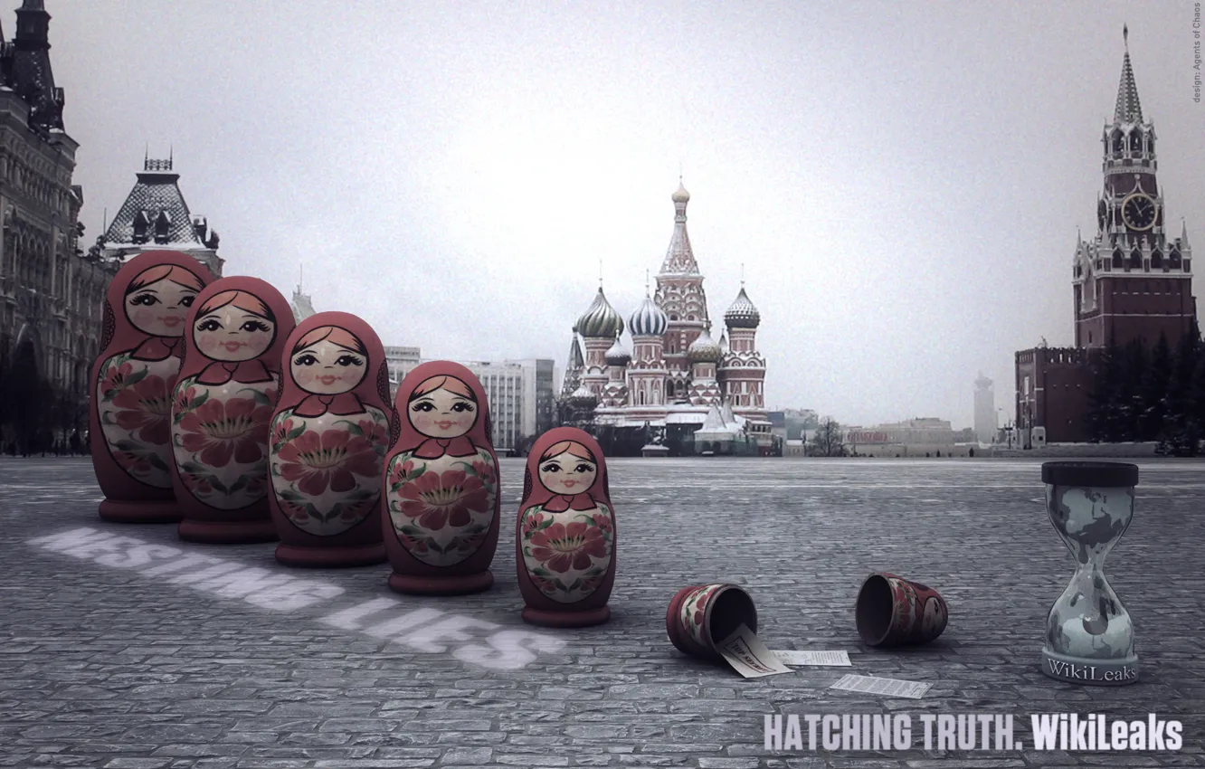 Фото обои Москва, кремль, матрешки, WikiLeaks, красная площадь, свобода слова