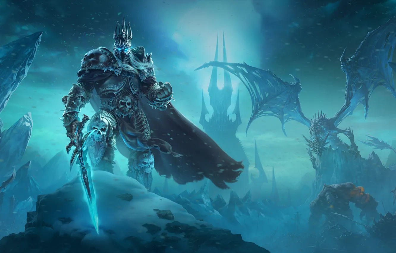 Фото обои Горы, Дракон, Рыцарь Смерти, Frostmourne, World Of Warcraft, Arthas Menethil, Артас Менетил, Король-лич