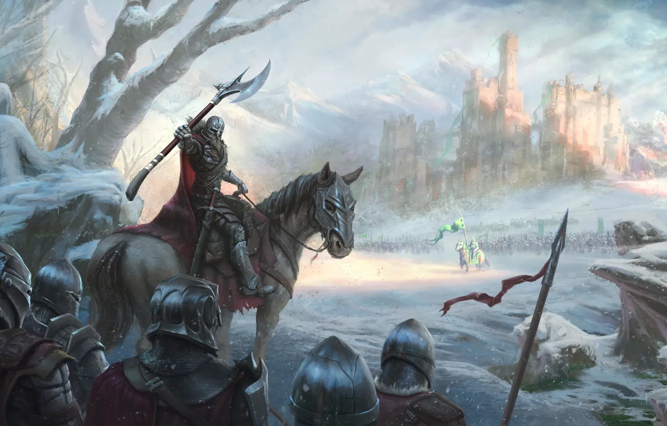 Фото обои холод, зима, снег, замок, лошадь, армия, битва, рыцарь