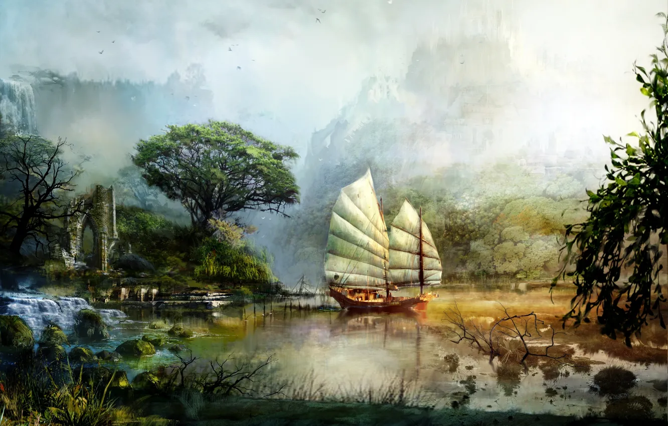 Фото обои вода, пейзаж, горы, озеро, корабль, парусник, арт, руины