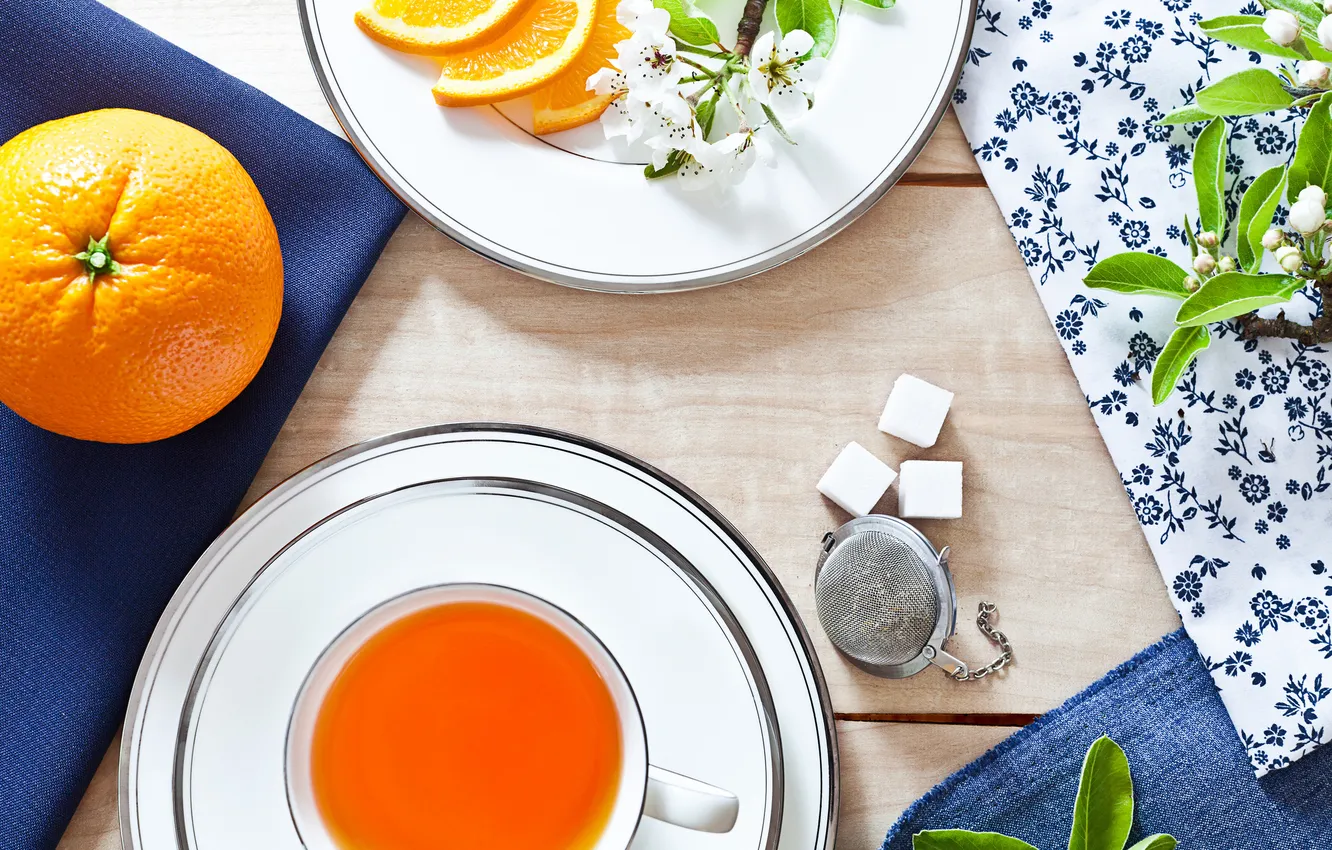 Фото обои стол, чай, апельсины, ветка, чашка, сахар, цветение, блюдце