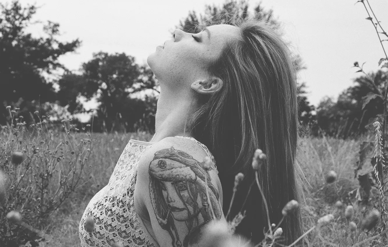 Фото обои girl, grass, field, woman, model, tattoo, redhead, black and white