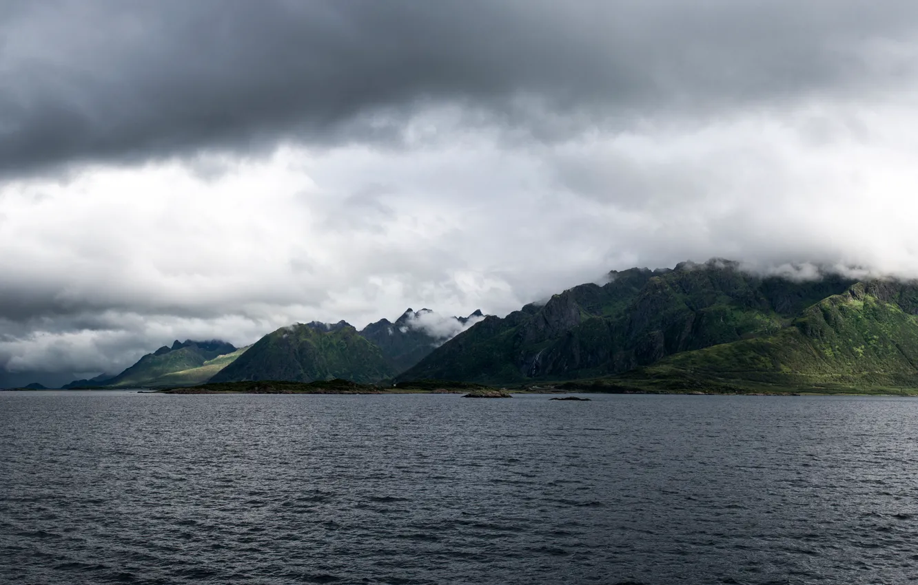 Фото обои лес, пейзаж, горы, природа, озеро, Norway, Coastline, Senya