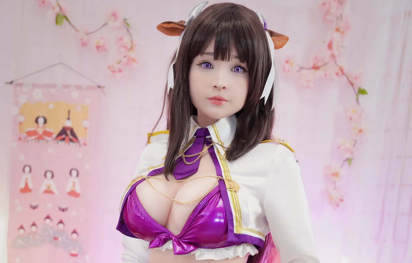 Фото обои girl, sexy, cleavage, horns, long hair, boobs, animal ears, beautiful