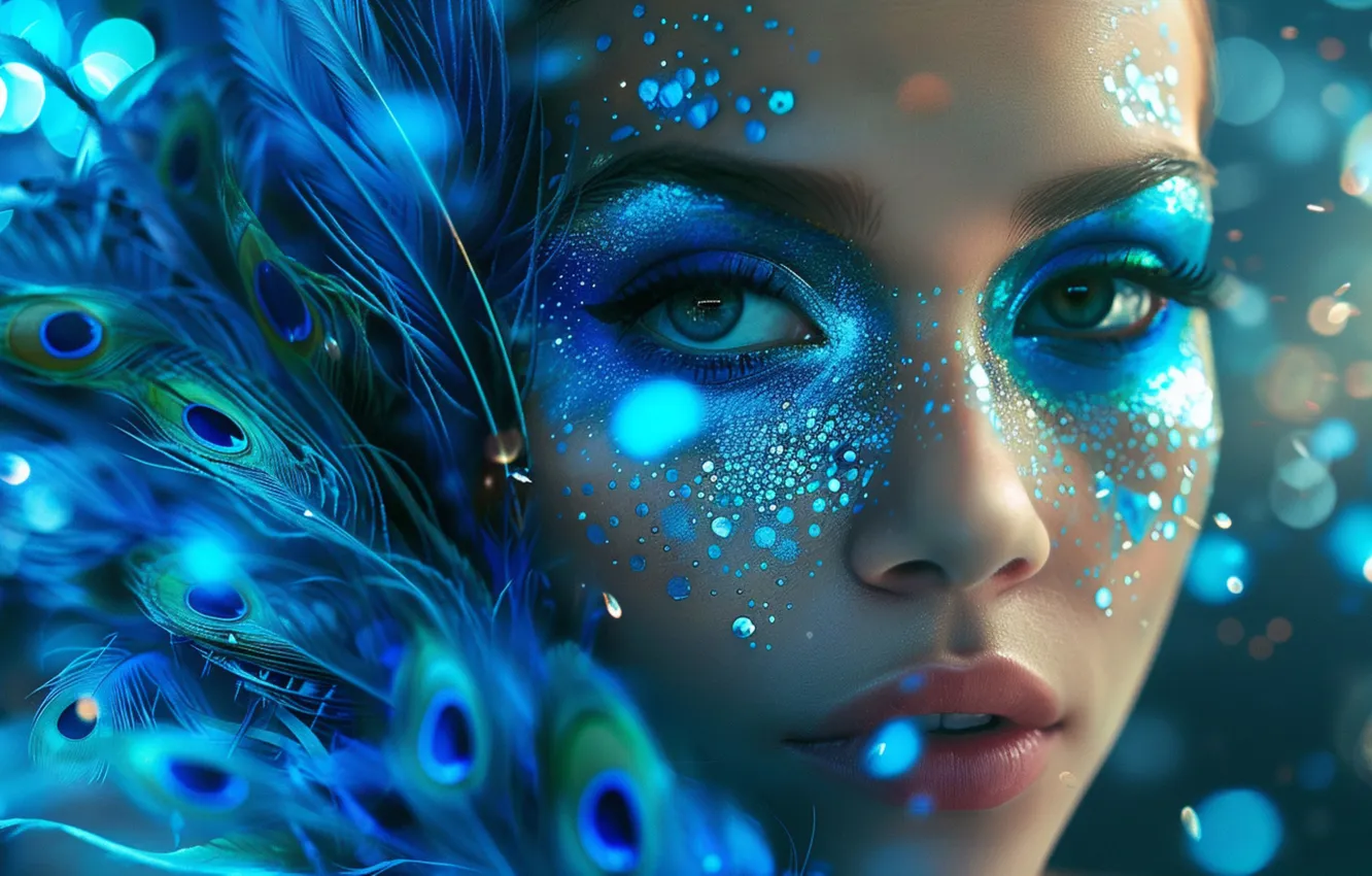 Фото обои фиолетовый, взгляд, девушка, крупный план, синий, лицо, поза, блики