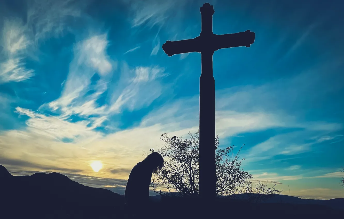 Фото обои Love, Clouds, Sun, Evening, Christian, God, Cross, Jesus