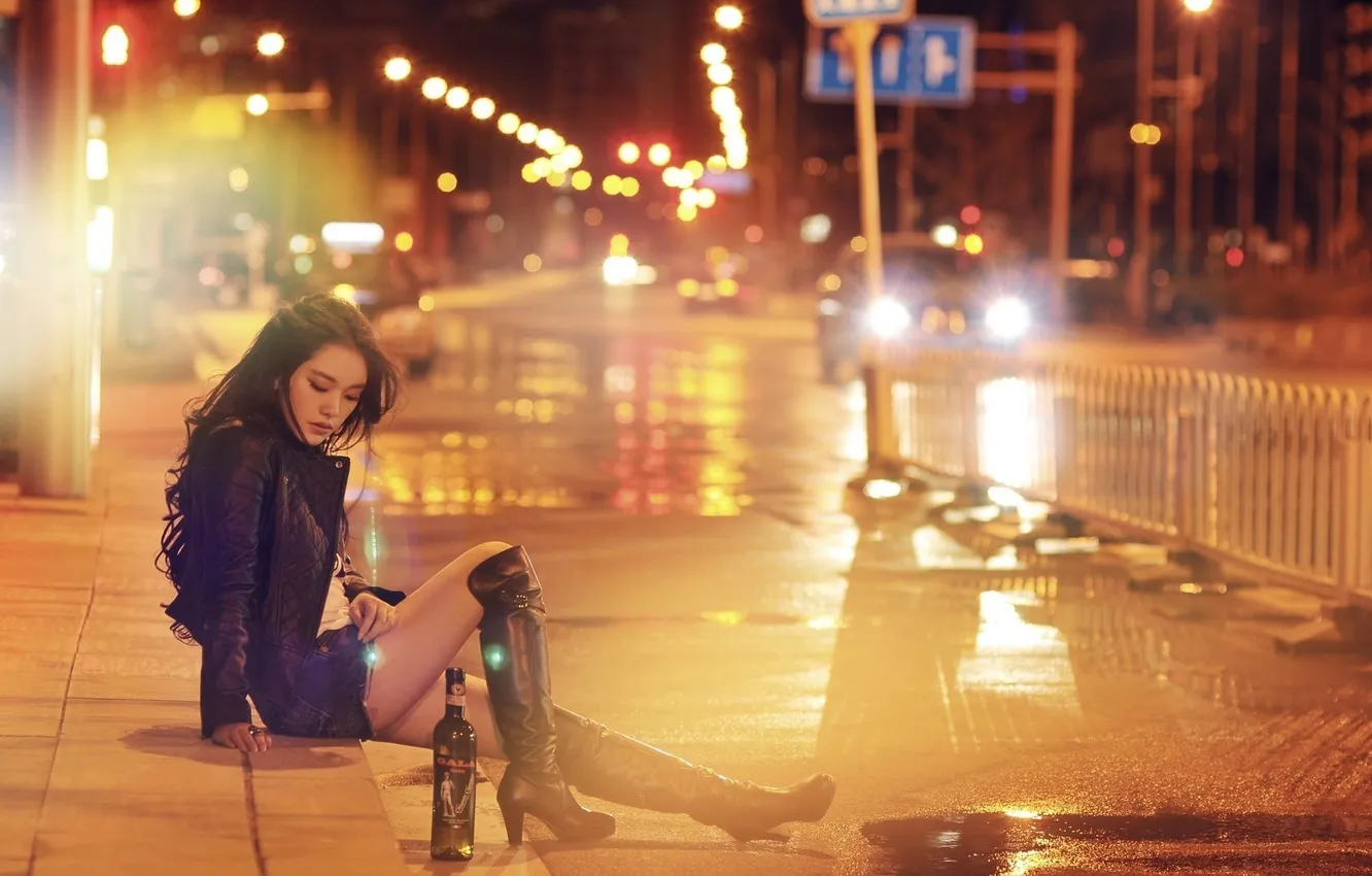 Фото обои lights, girl, Loneliness, legs, night, street, mood, bottles