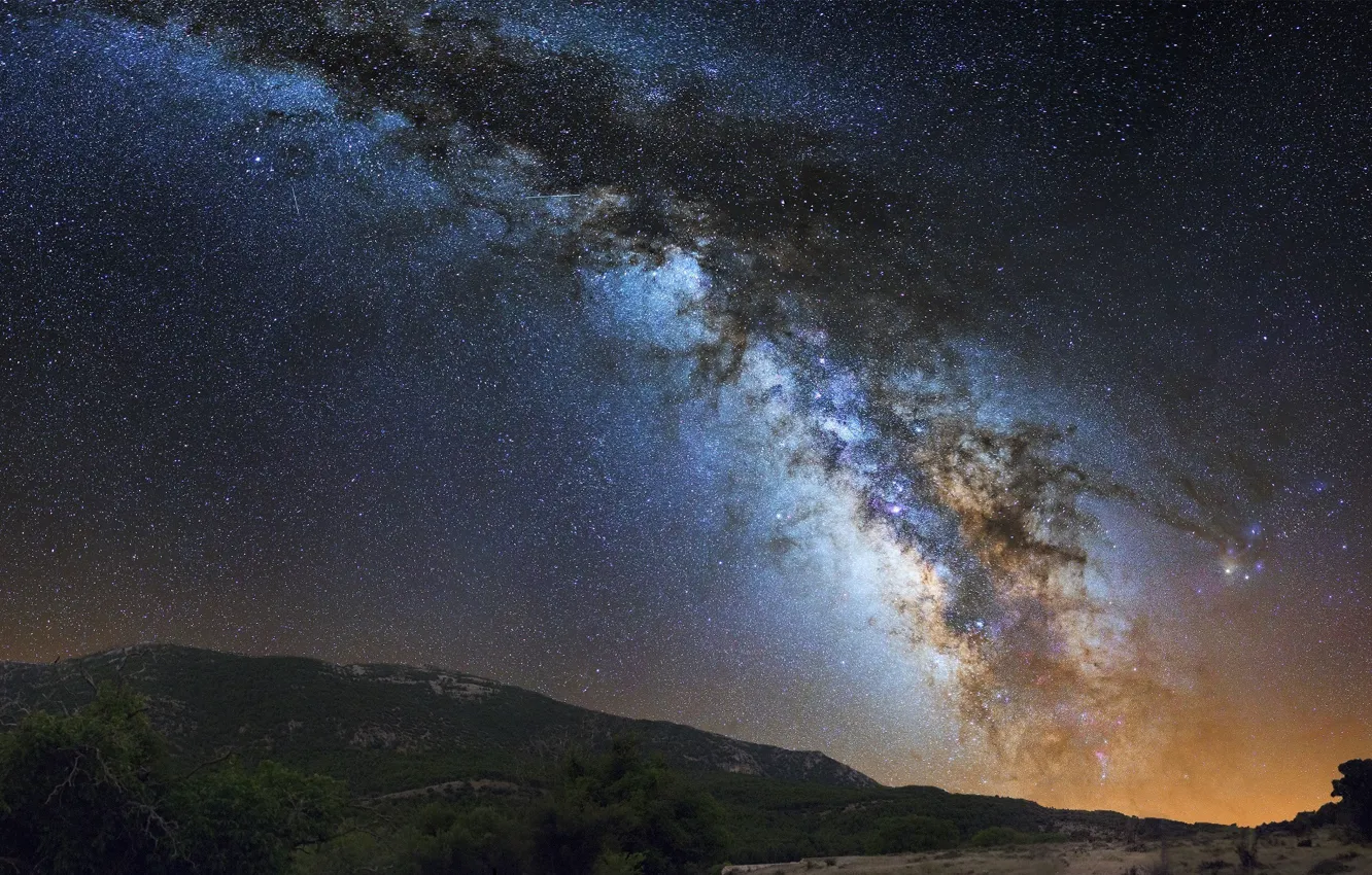Фото обои небо, космос, звезды, горы, млечный путь