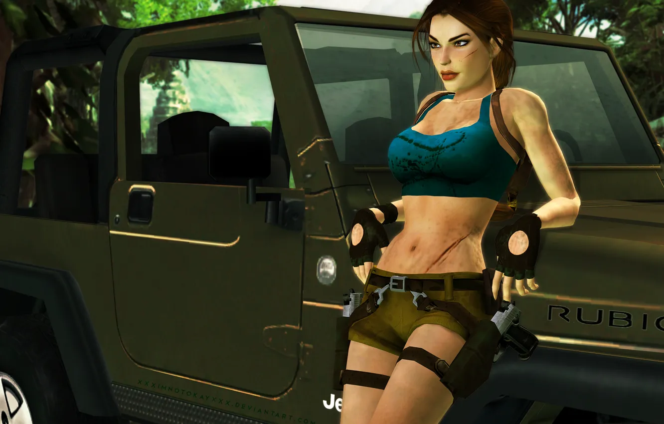 Фото обои машина, девушка, деревья, поза, оружие, пистолеты, Tomb Raider, lara croft