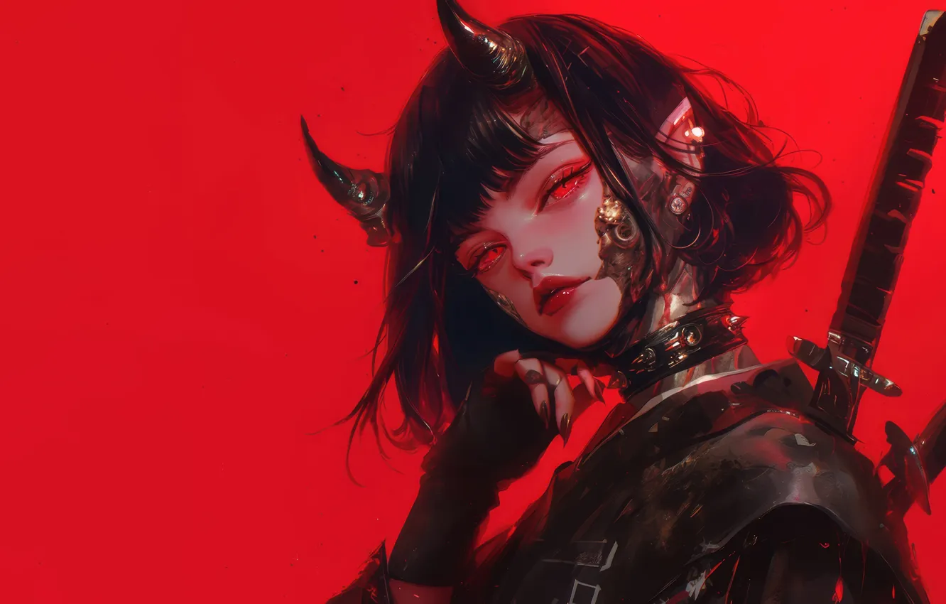 Фото обои Devil, Anime, Warrior, Red Eyes, Samurai, Katana, Demon, Horn