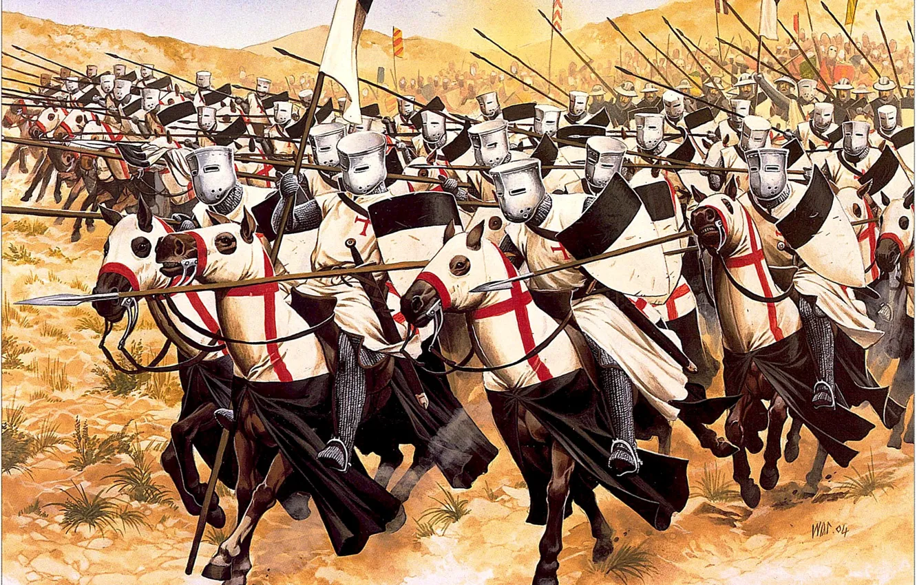 Фото обои атака, рисунок, лошади, арт, сражение, тамплиеры, рыцари, строй
