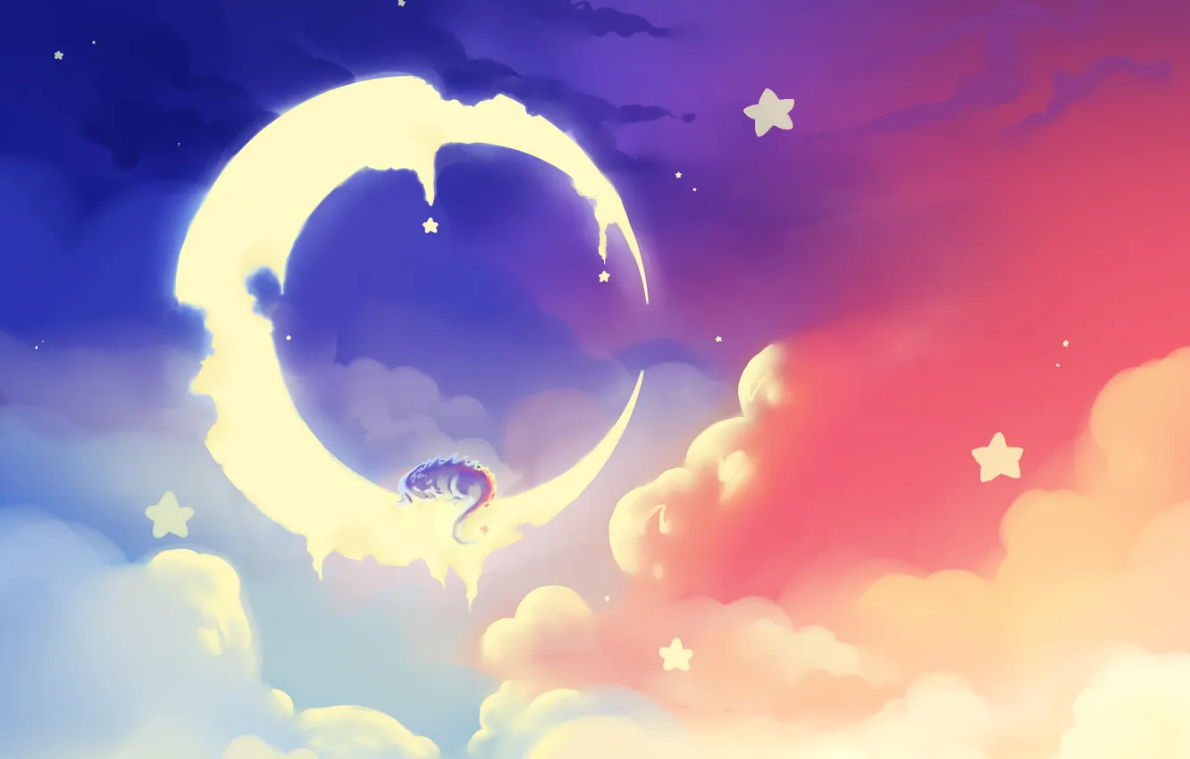 Фото обои небо, звезды, облака, дракон, сон, месяц, арт, спит