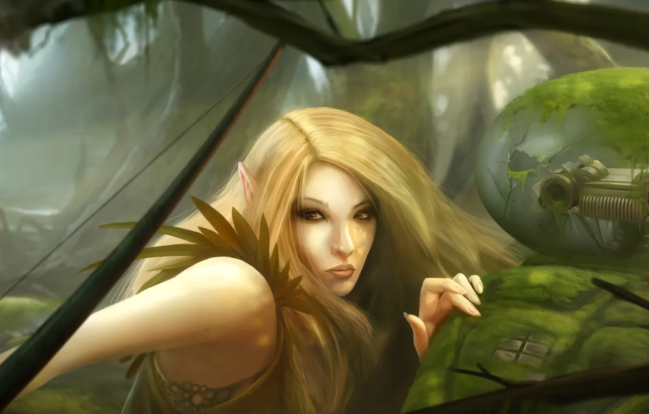 Фото обои лес, девушка, эльф, робот, мох, лук, арт, эльфийка