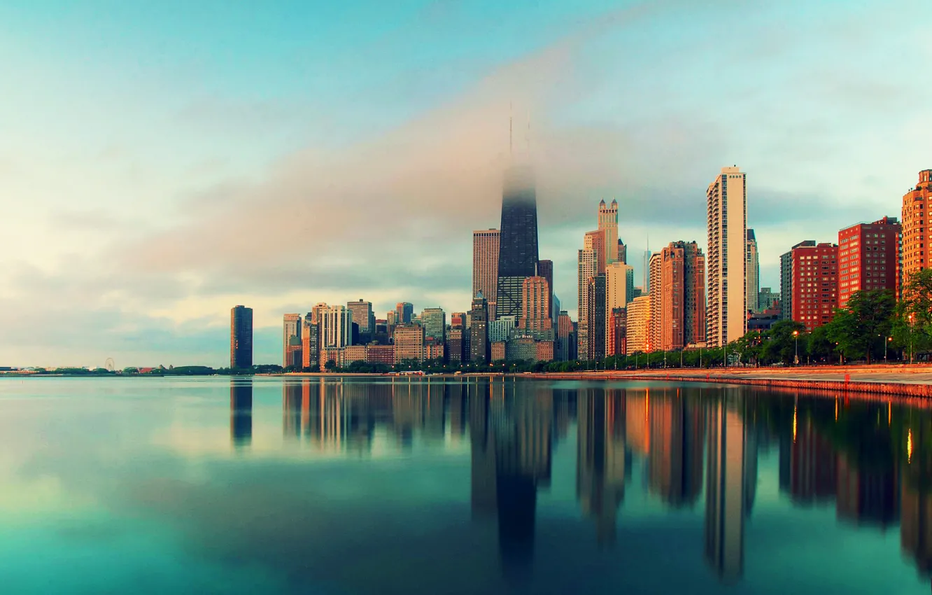 Фото обои вода, город, туман, небоскребы, Чикаго, Иллиноис