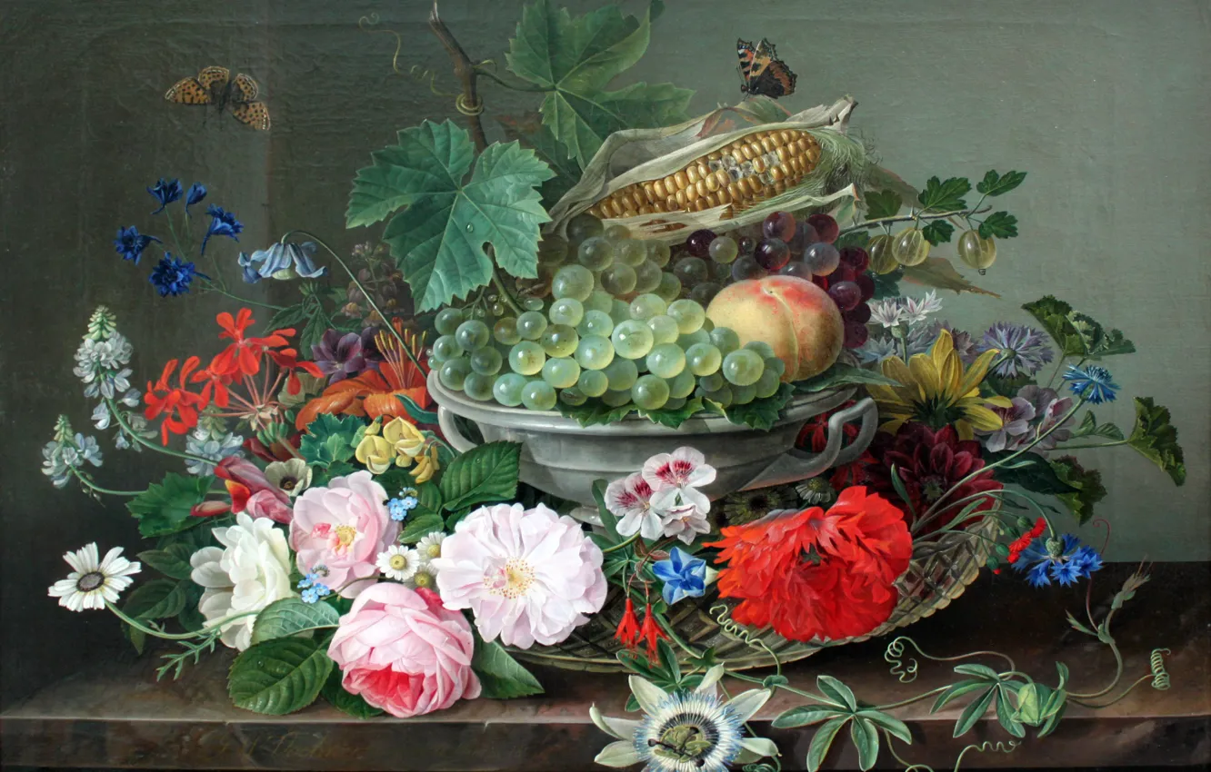 Фото обои бабочки, цветы, фрукты, натюрморт, Gottfried Wilhelm Völcker