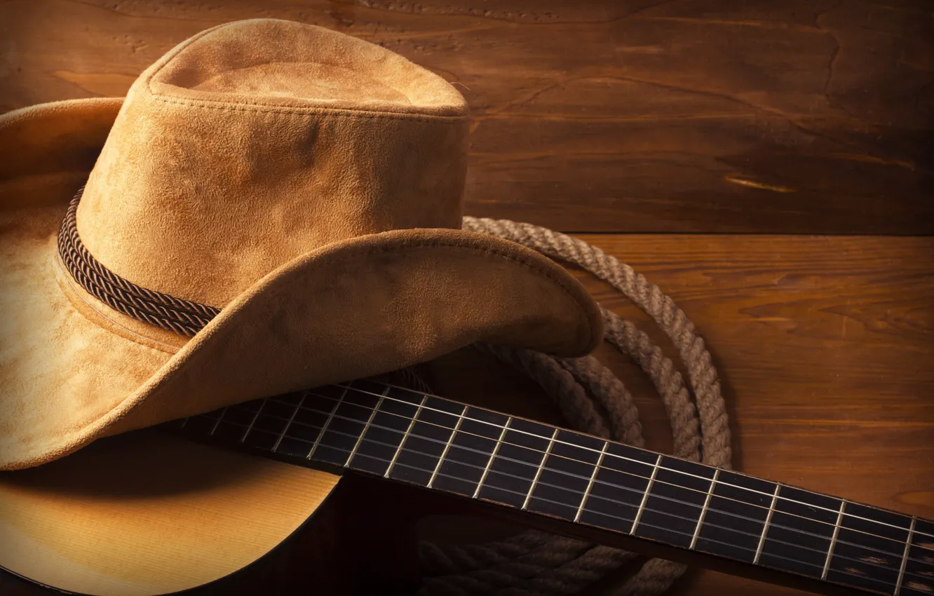 Фото обои guitar, hat, wood, cowboy, rope
