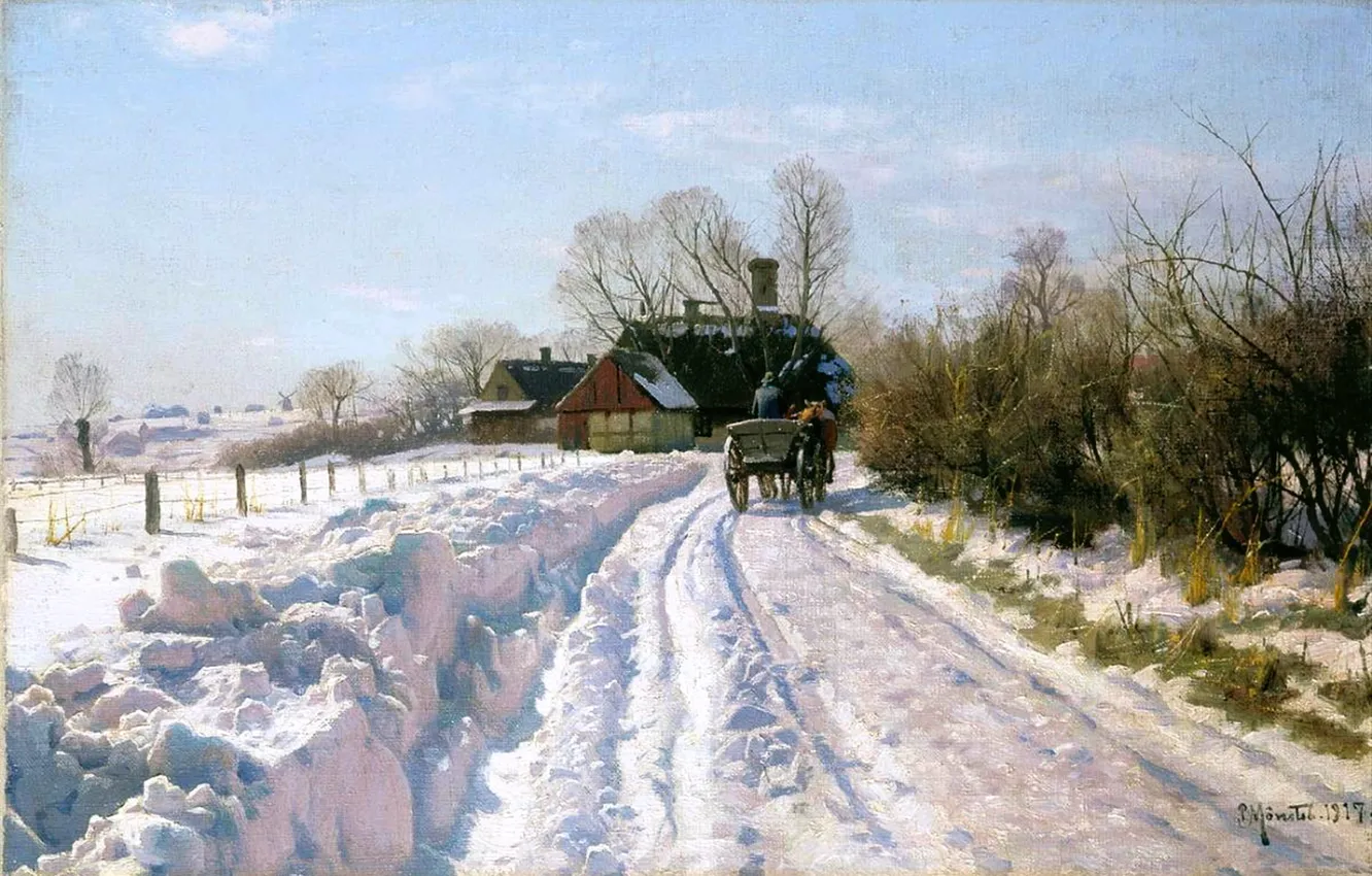 Фото обои Дома, Зима, Дорога, Снег, Картина, Peder Mork Monsted, Датский живописец, Педер Морк Монстед