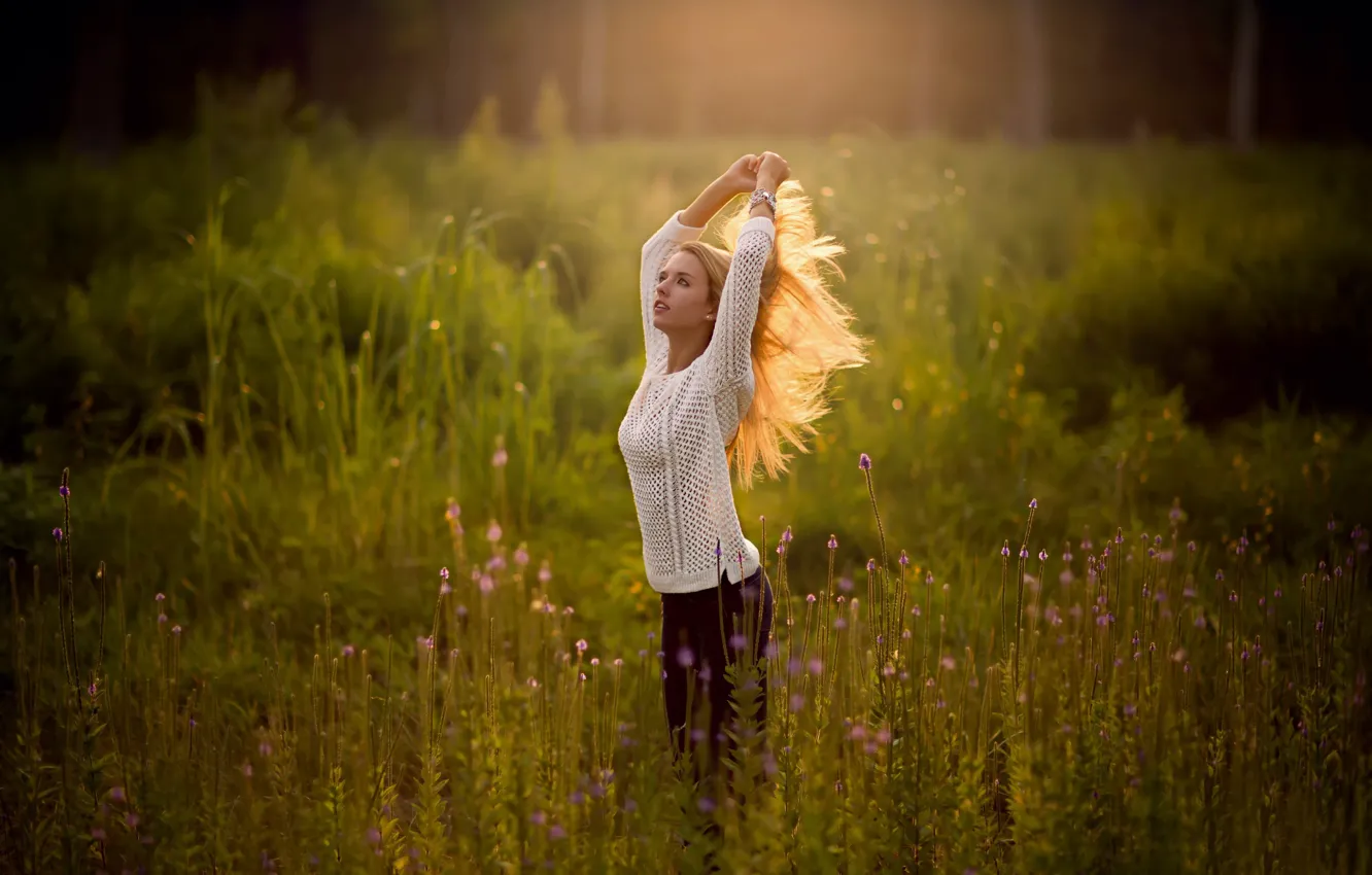 Фото обои поле, лето, девушка, волосы, красота, взмах, свитер, боке