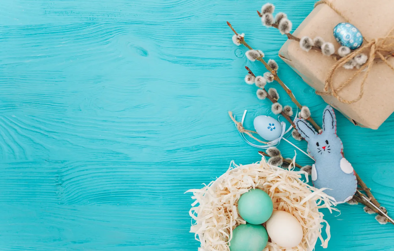 Фото обои ветки, подарок, яйца, весна, Пасха, wood, верба, blue