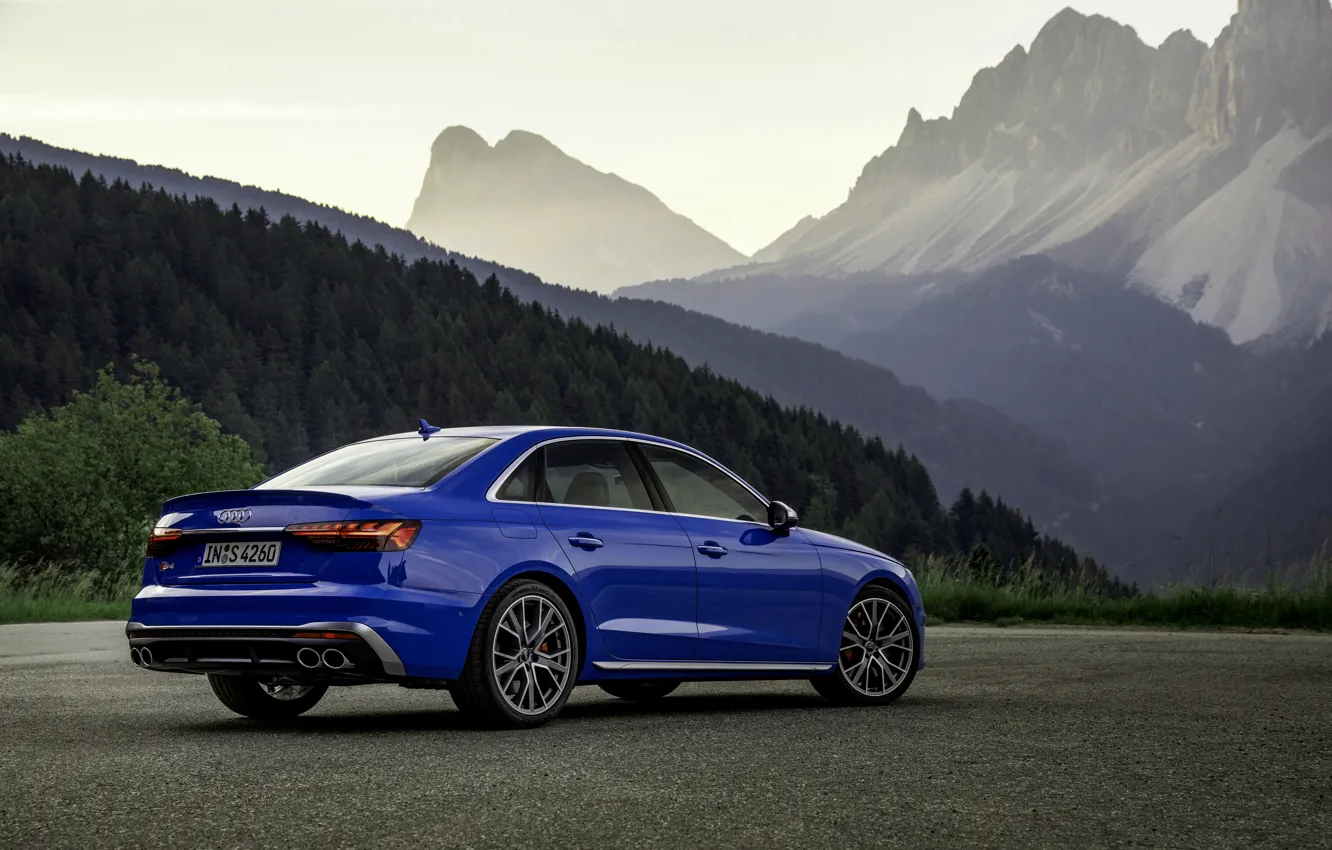 Фото обои синий, Audi, вершины, седан, Audi A4, Audi S4, 2019