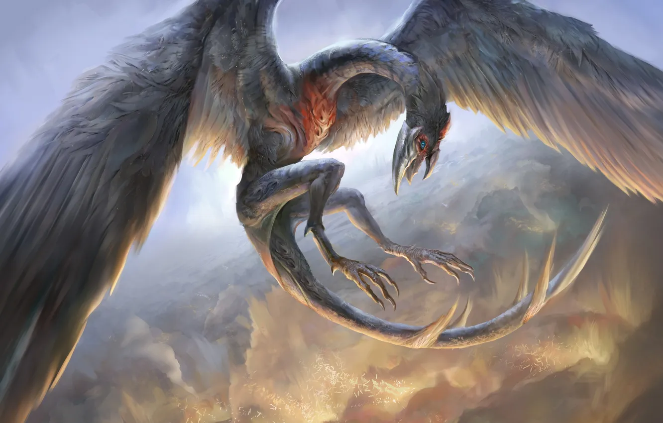 Фото обои полет, дракон, крылья, перья, арт, в небе, yefumm