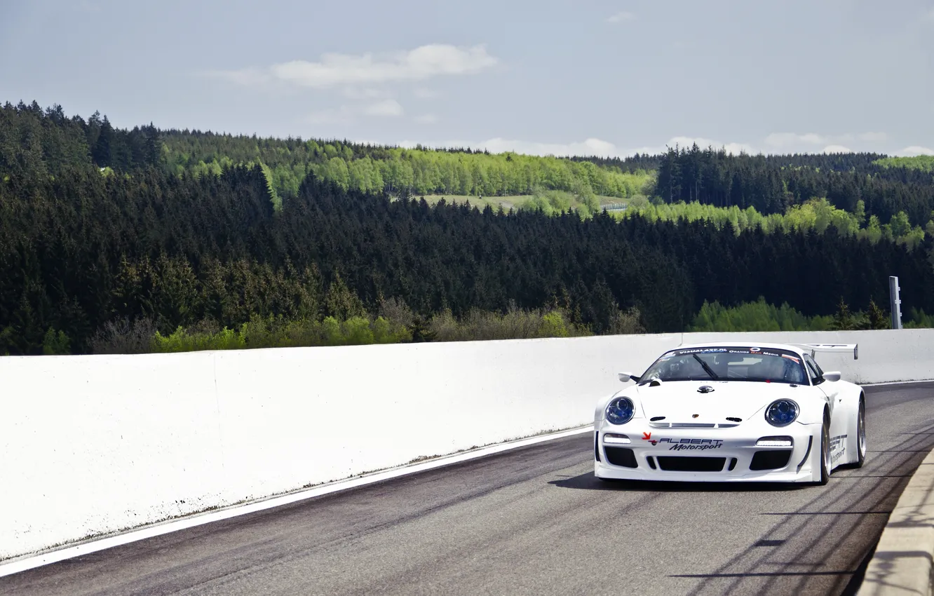 Фото обои белый, небо, 911, 997, Porsche, ели, сосны, white