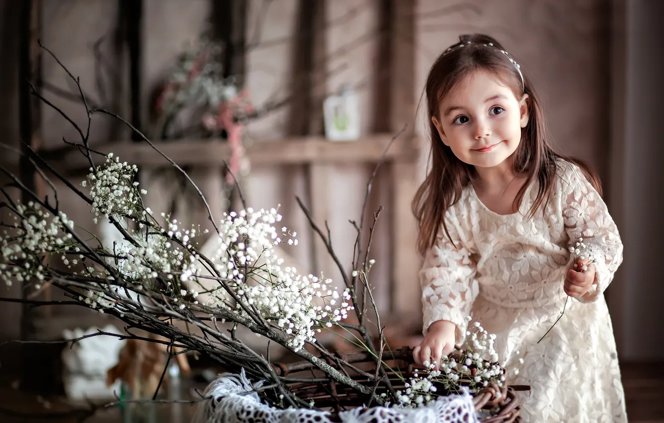 Фото обои цветы, ребенок, девочка, улыбки