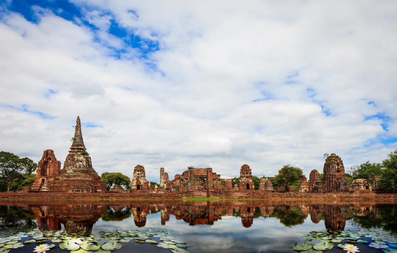 Фото обои листья, пруд, храм, круглые, Тайланд, Thailand, архитектура, древность