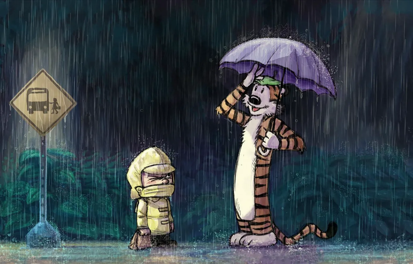 Фото обои тигр, дождь, игрушка, мальчик, остановка, дорожный знак, комикс, Calvin and Hobbes