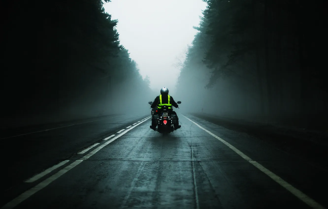 Фото обои дорога, туман, путь, серость, мотоциклы, настроения, скорость, мотоцикл