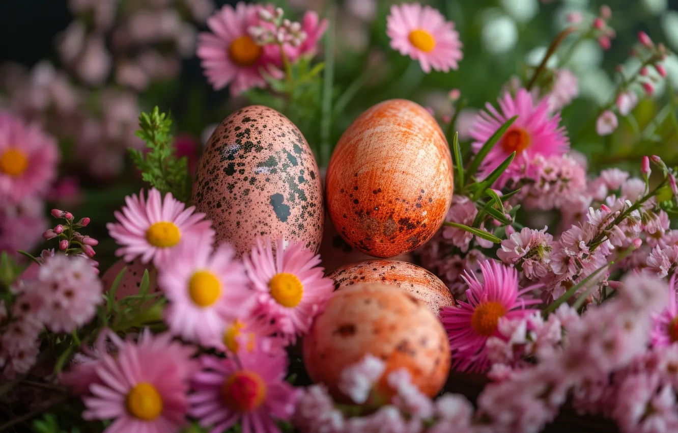 Фото обои цветы, праздник, поляна, яйца, весна, Пасха, розовые, рыжие