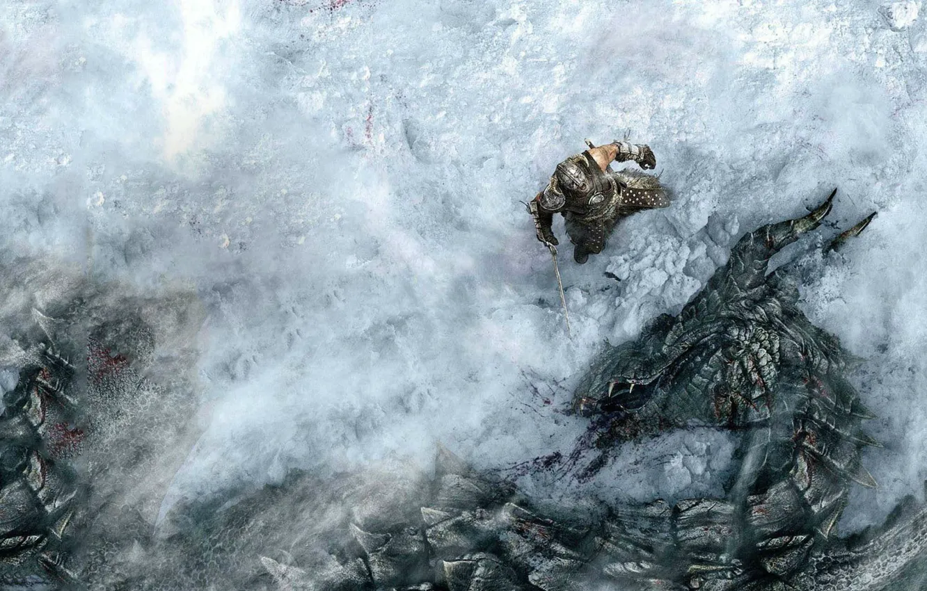 Фото обои снег, дракон, герой, битва, The Elder Scrolls Skyrim