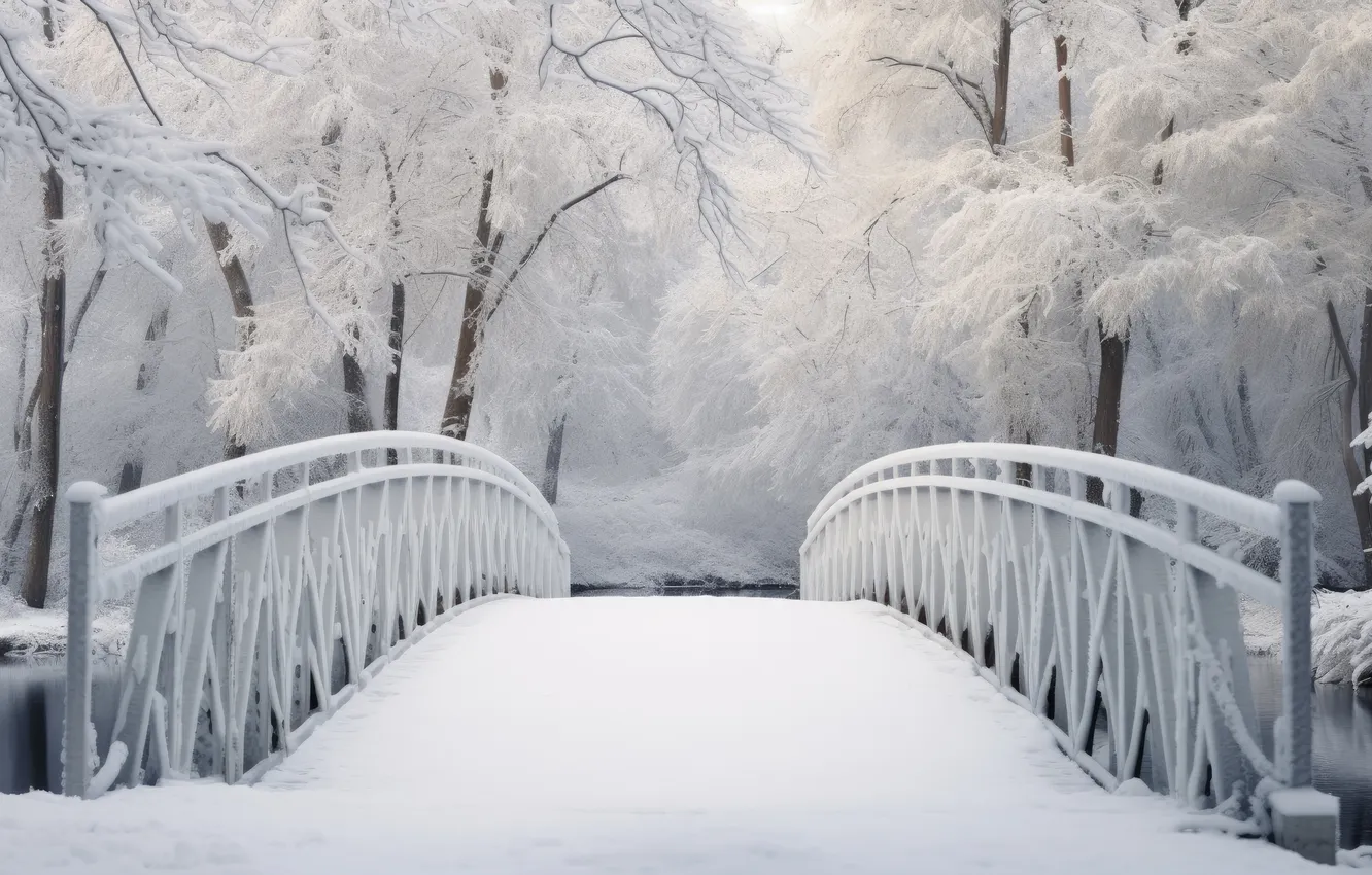 Фото обои зима, снег, мост, парк, landscape, bridge, park, winter