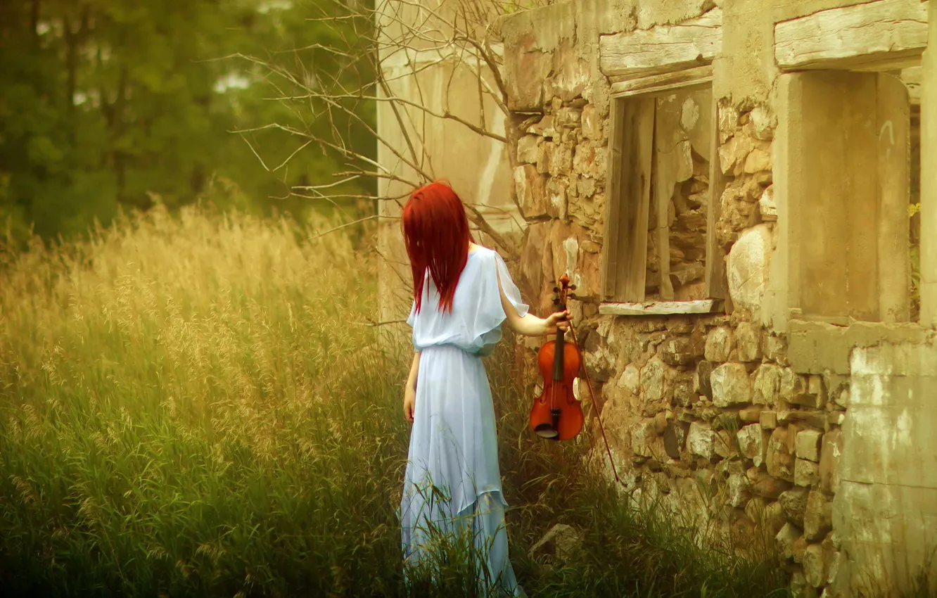 Фото обои девушка, дом, стиль, скрипка