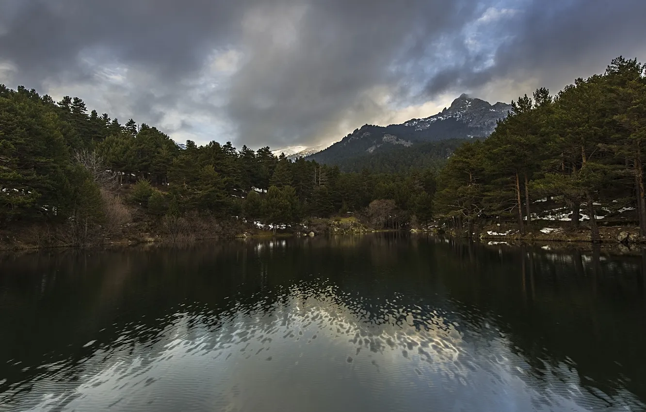 Фото обои лес, горы, тучи, озеро, Испания