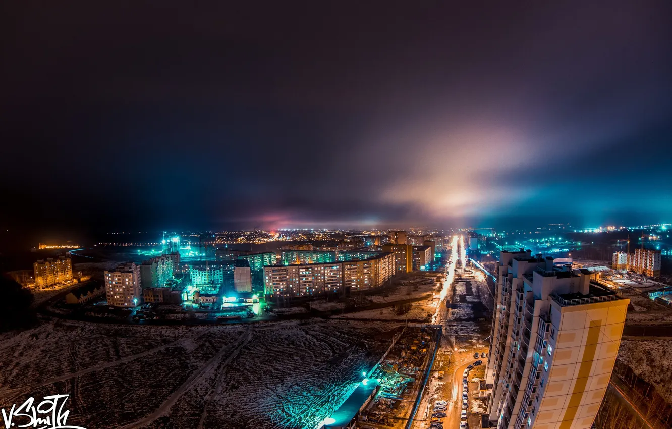 Фото обои снег, ночь, город, Night, Snow, city​​, Владимир Смит, Vladimir Smith
