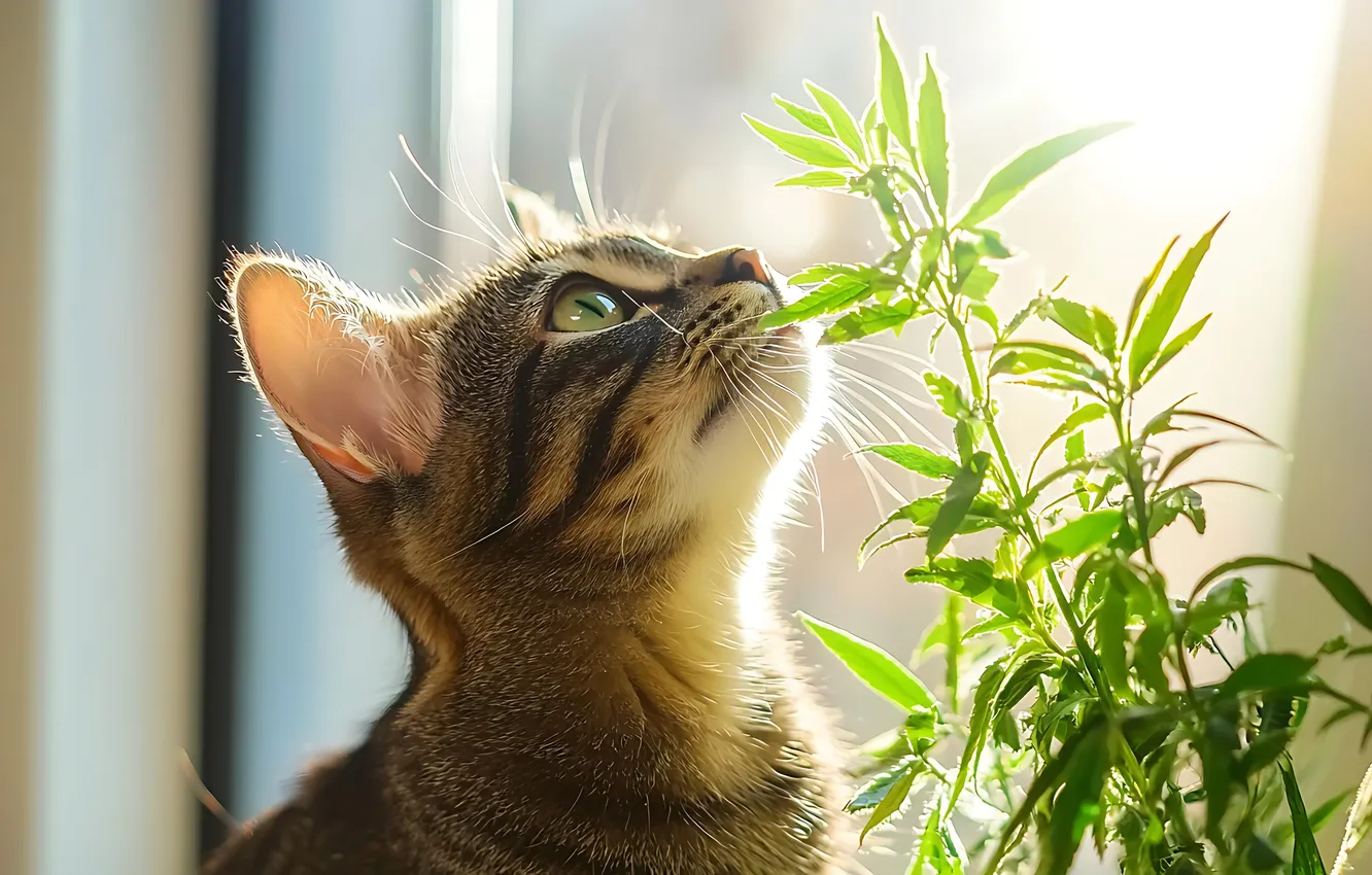 Фото обои кошка, кот, поза, котенок, растение, окно, мордашка, смотрит вверх