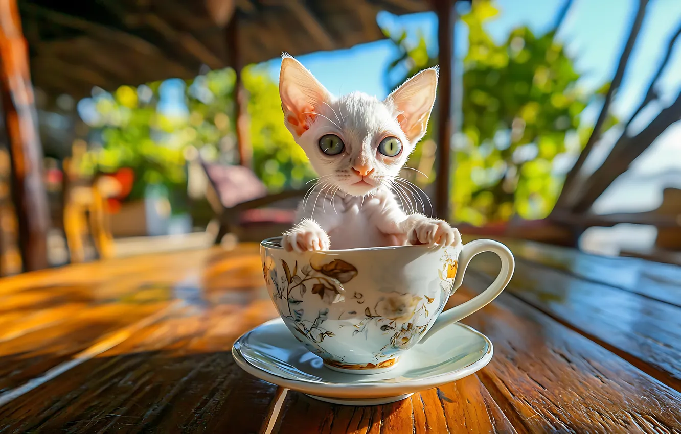 Фото обои кошка, белый, взгляд, свет, природа, поза, котенок, стол