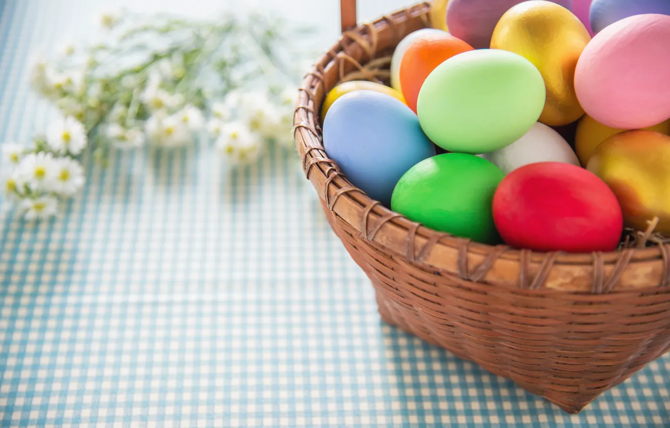 Фото обои яйца, Пасха, корзинка, разноцветные, крашенки