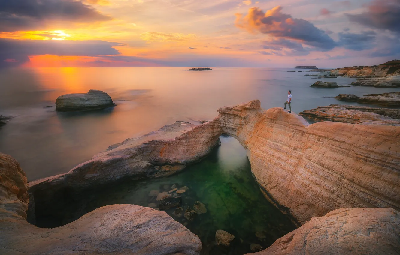 Фото обои море, пейзаж, закат, природа, камни, скалы