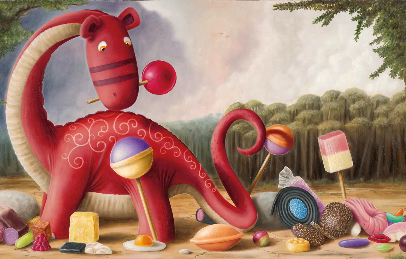 Фото обои динозавр, арт, сладости, конфета, детская
