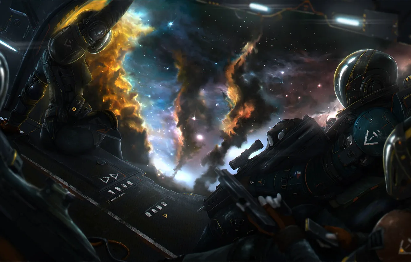 Фото обои космос, звезды, оружие, челнок, броня, Арт, десант