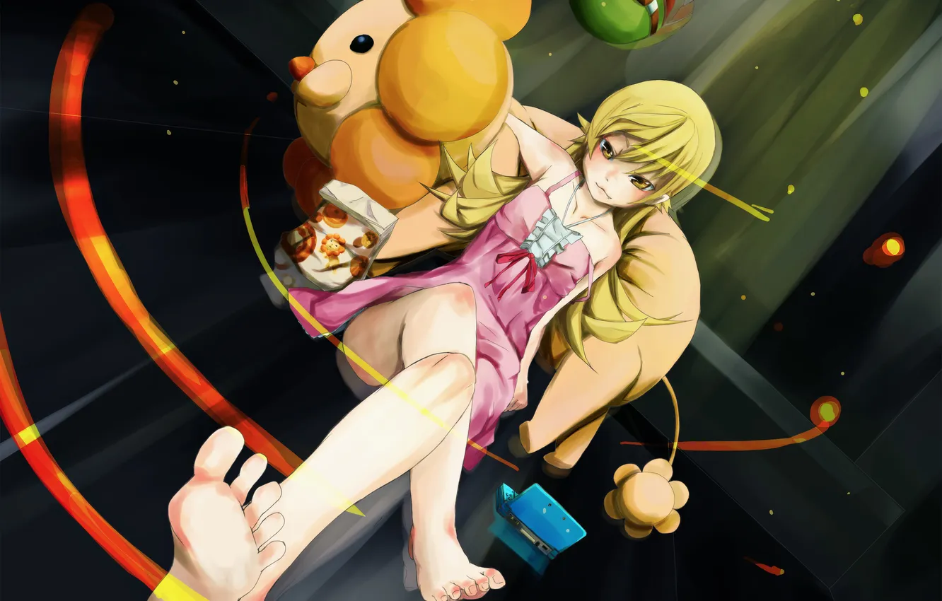 Фото обои девушка, ноги, игрушка, лев, арт, bakemonogatari, oshino shinobu, сидя