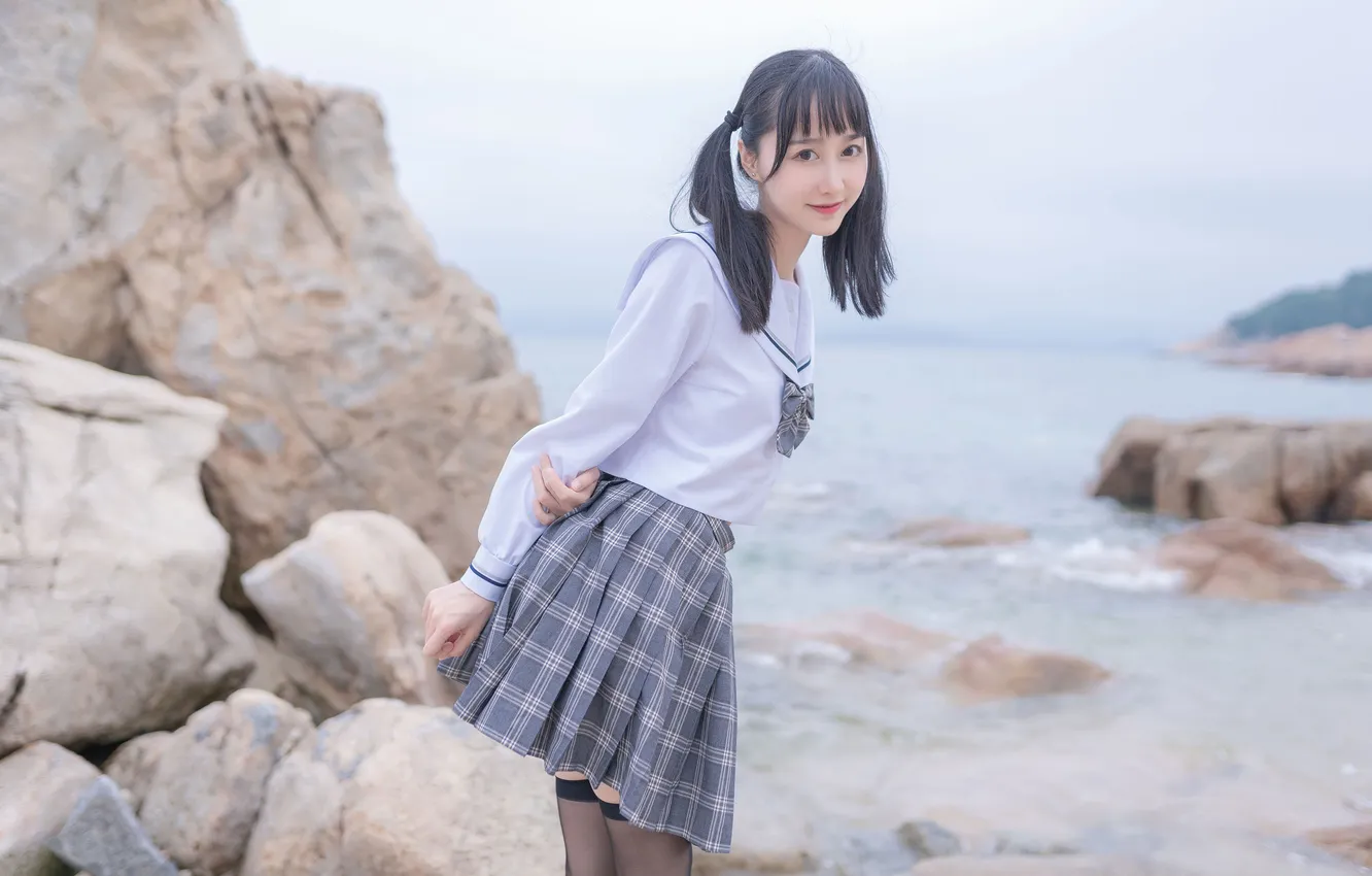 Фото обои Rock, Beautiful, Asian, Model, Coast, Beach, Water, Smile