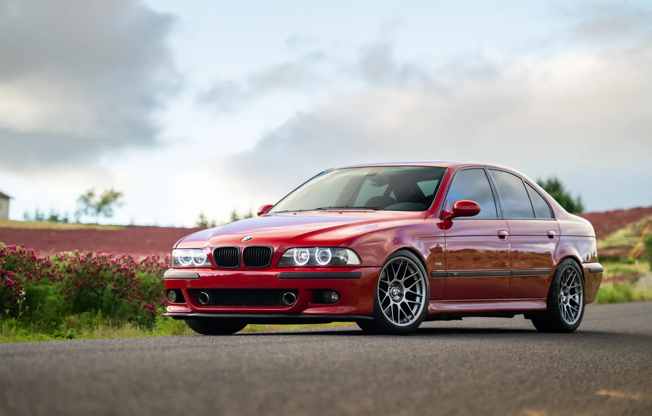 Фото обои BMW, Red, Clouds, E39, Road, M5