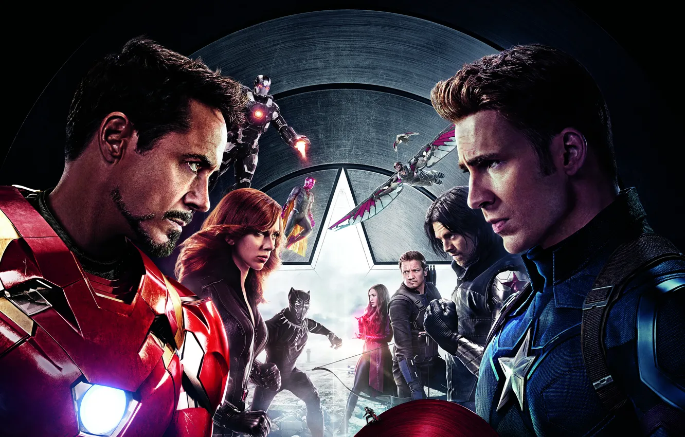 Фото обои Scarlett Johansson, Vision, Iron Man, Falcon, Captain America, Black Widow, Robert Downey Jr., MARVEL