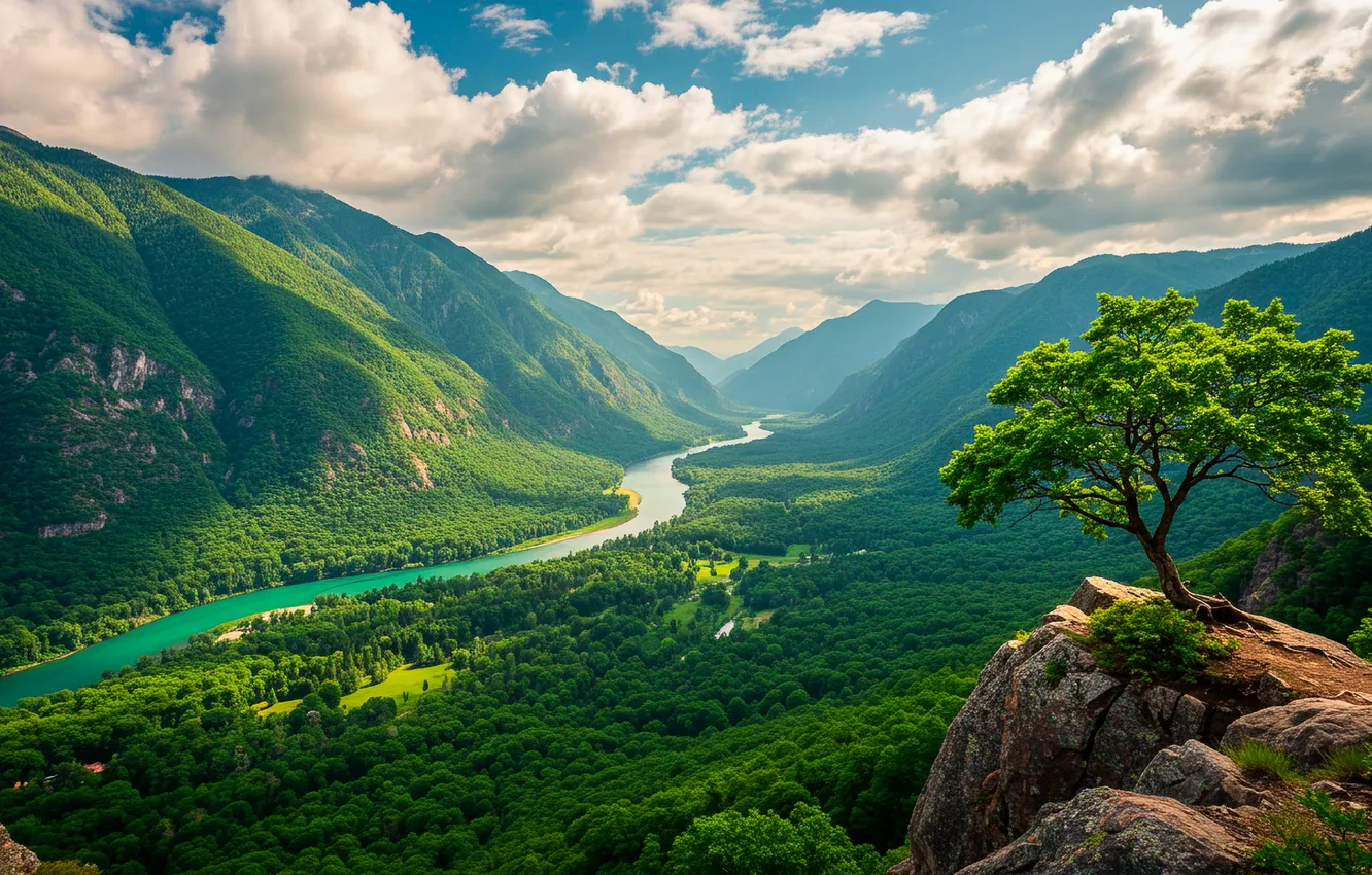 Фото обои небо, горы, река, дерево, обои, долина, арт, wallpaper