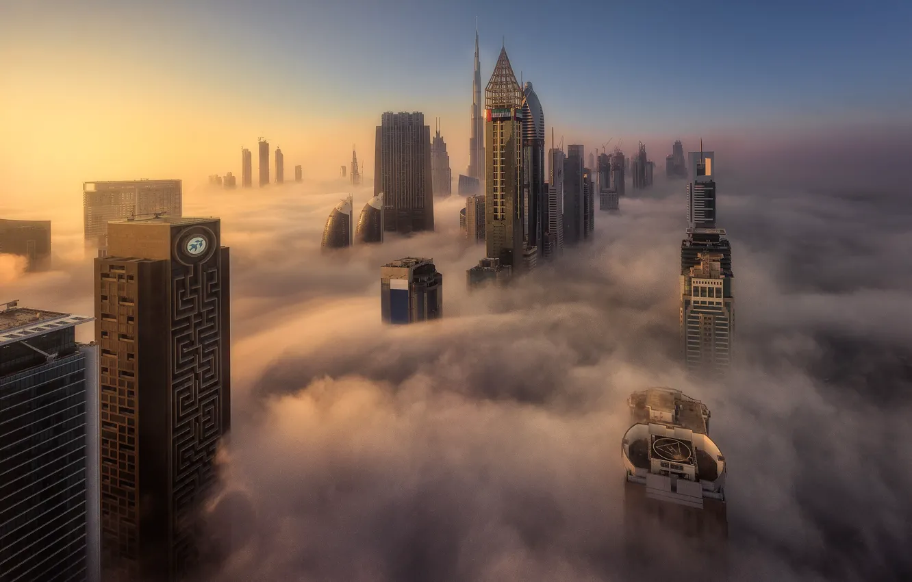 Фото обои свет, город, туман, Дубай, ОАЭ