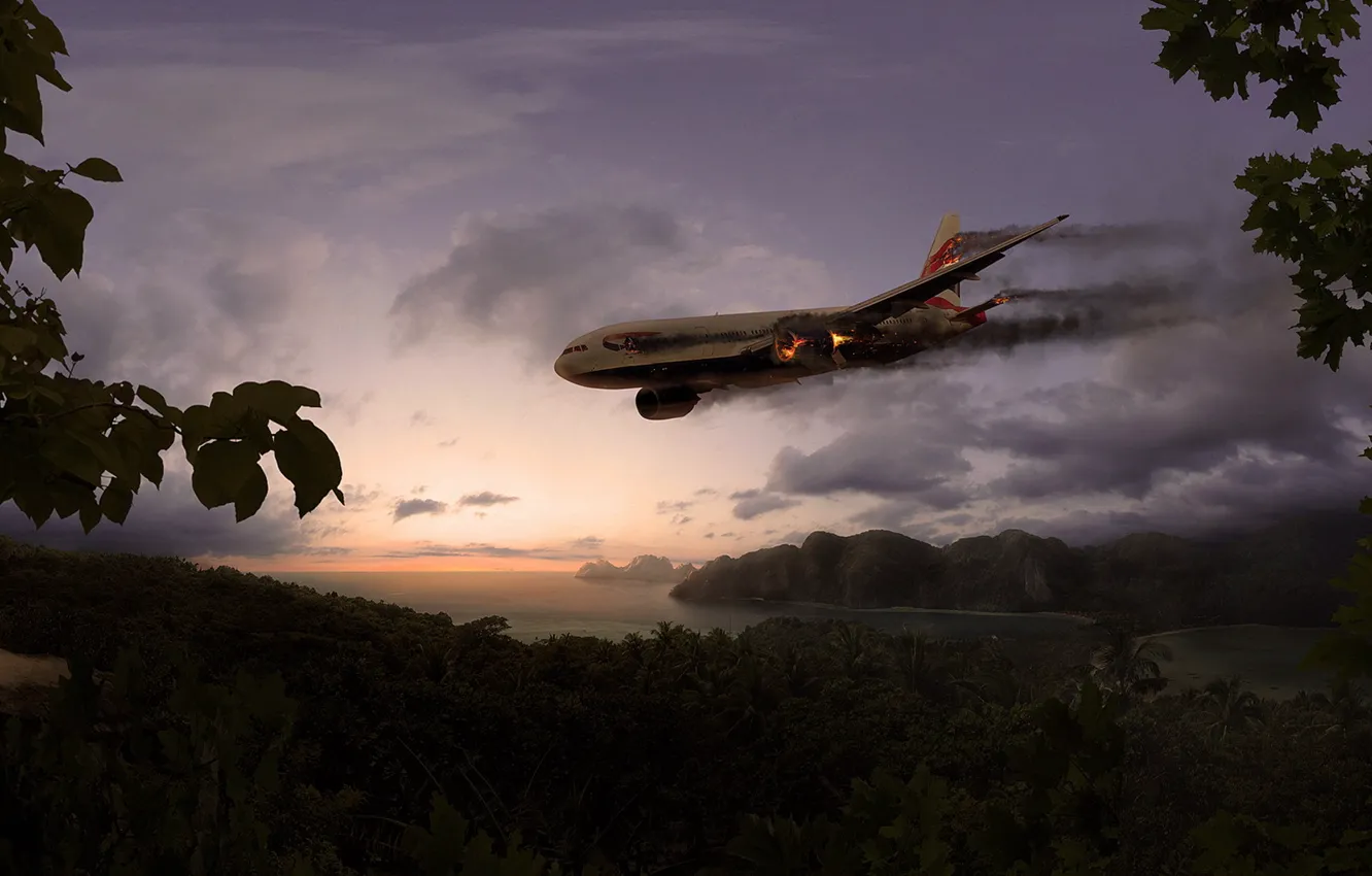 Фото обои человек, остров, крушение, Небо, джунгли, факел, самолёт